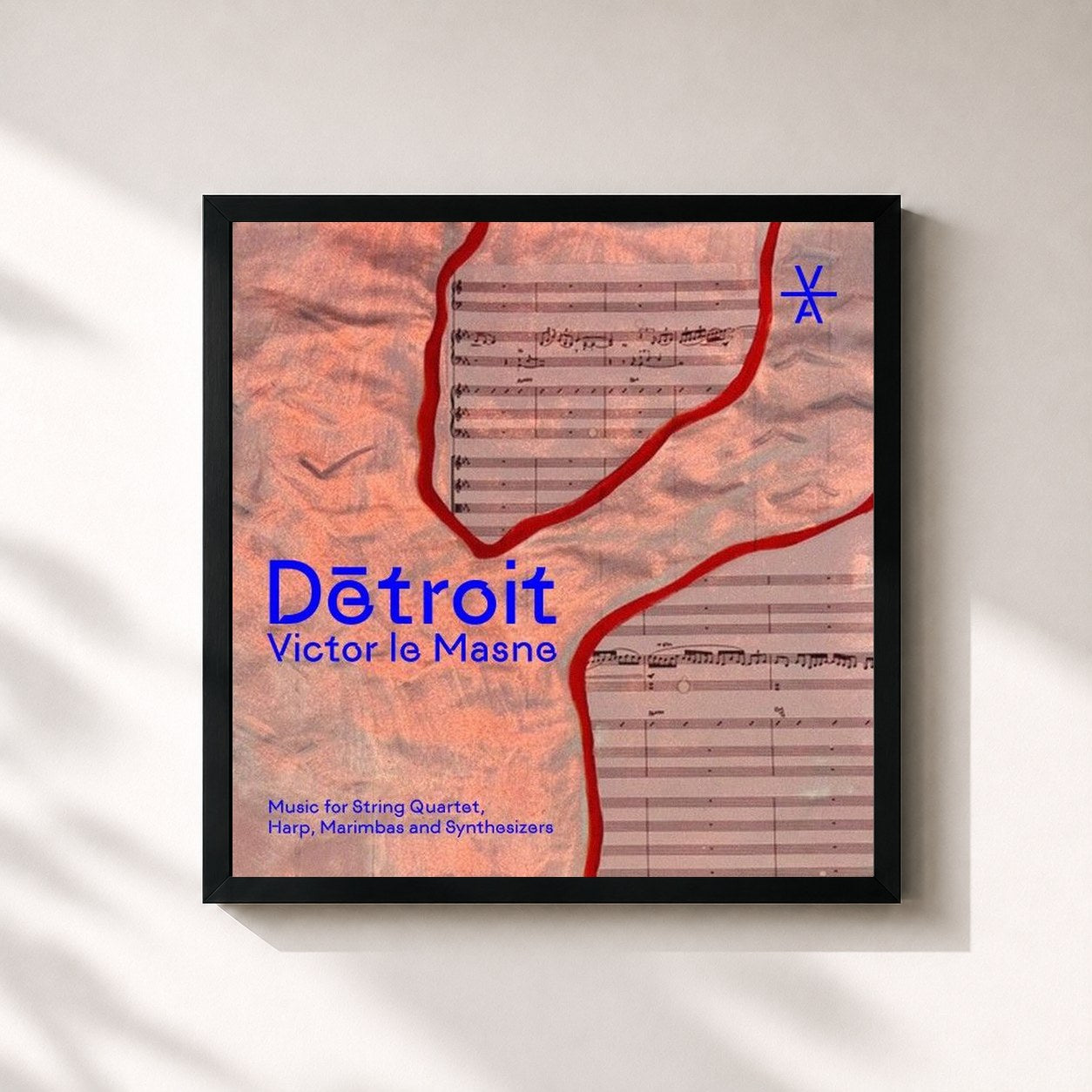 #noir Tableau carré de l'album Dētroit (Music for String Quartet, Harp, Marimbas and Synthesizers) de Victor Le Masne, cadre noir 32x32 cm