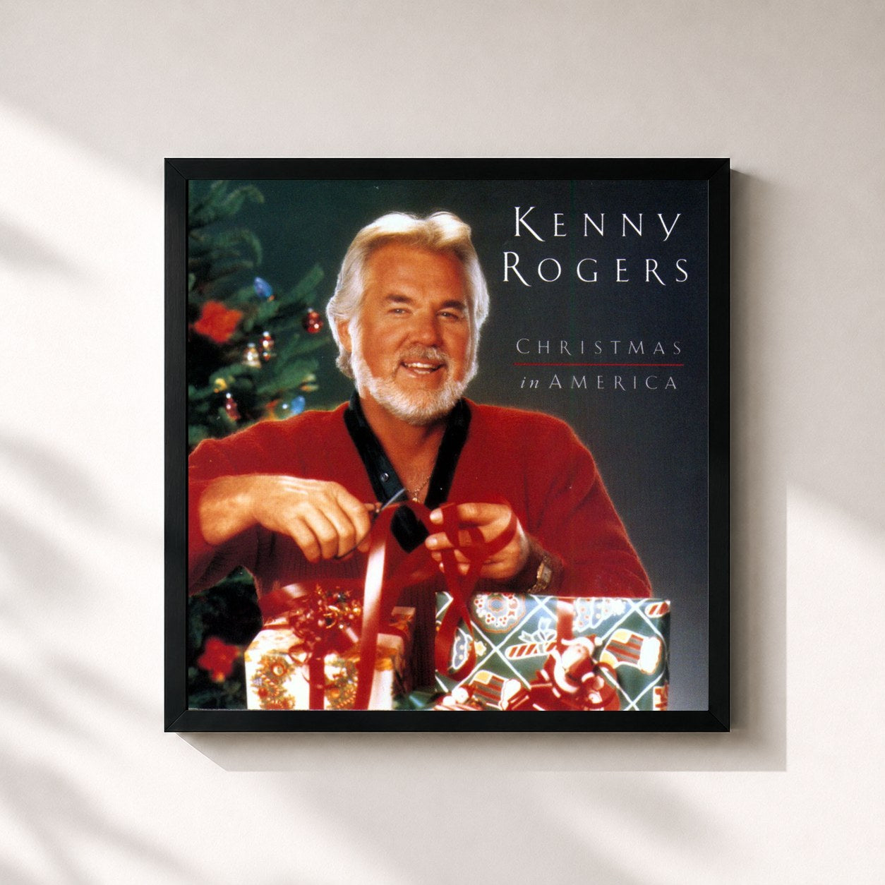 #noir Tableau carré de l'album Christmas In America de Kenny Rogers, cadre noir 32x32 cm