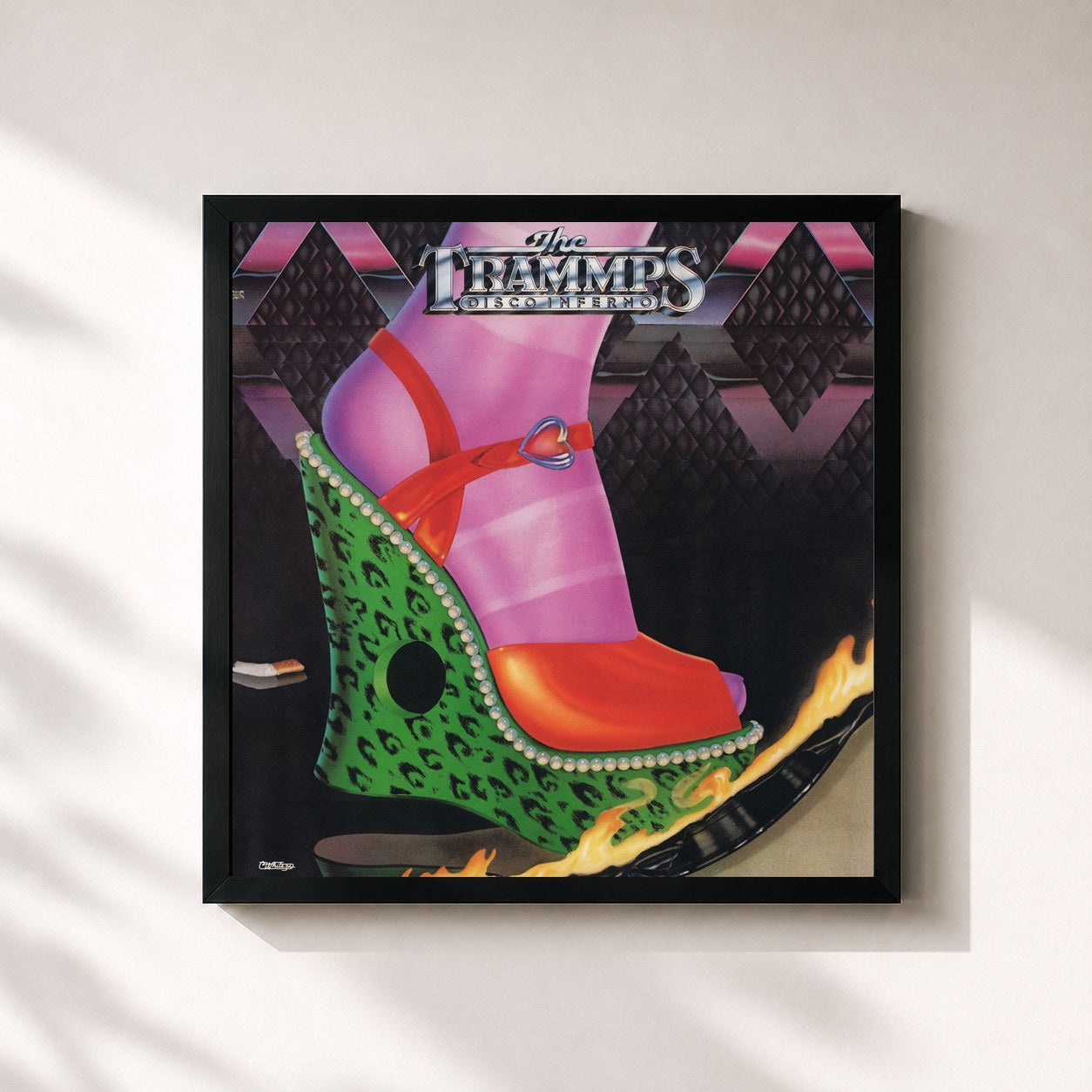 #noir Tableau carré de l'album Disco Inferno de The Trammps, cadre noir 32x32 cm