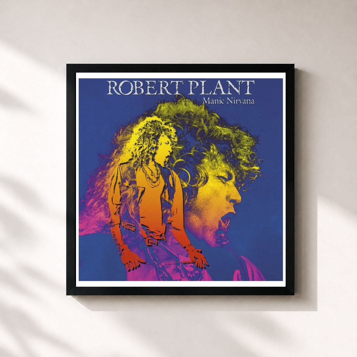 #noir Tableau carré de l'album Manic Nirvana de Robert Plant, cadre noir 32x32 cm