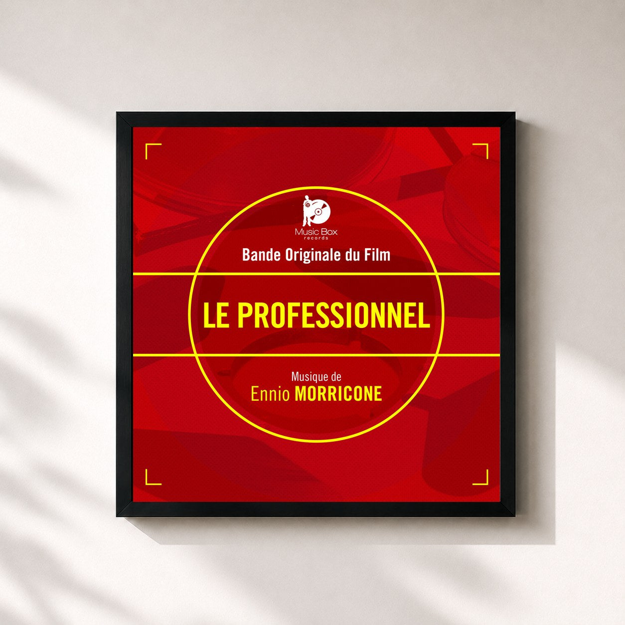 #noir Tableau carré de l'album Le professionnel (Bande originale du film) de Ennio Morricone, cadre noir 32x32 cm
