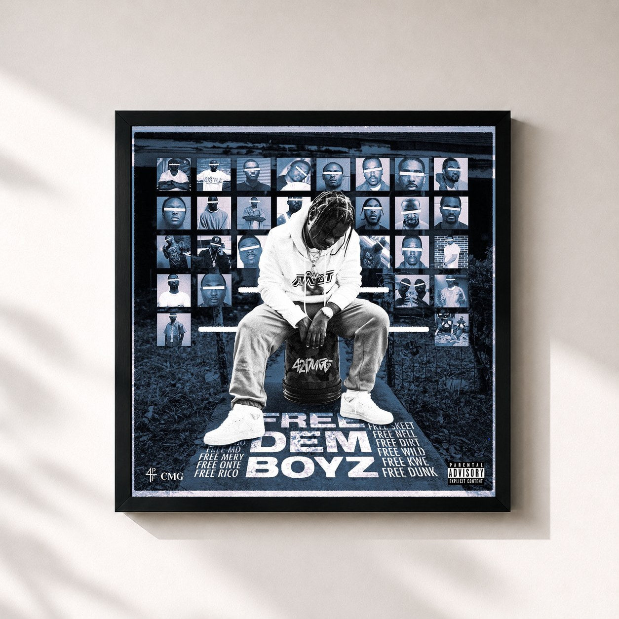 #noir Tableau carré de l'album Free Dem Boyz de 42 Dugg, cadre noir 32x32 cm
