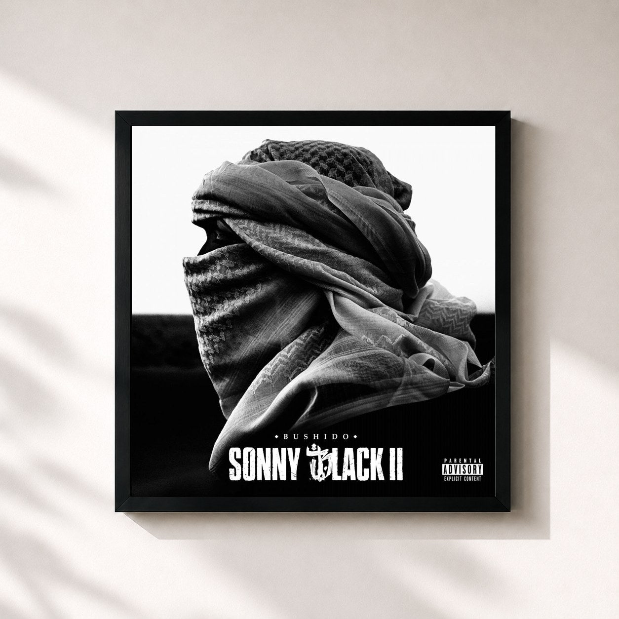 #noir Tableau carré de l'album Sonny Black 2 de Bushido, cadre noir 32x32 cm