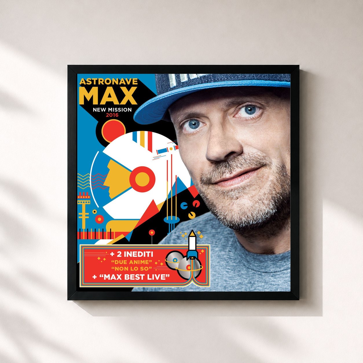 #noir Tableau carré de l'album Astronave Max New Mission 2016 de Max Pezzali, cadre noir 32x32 cm