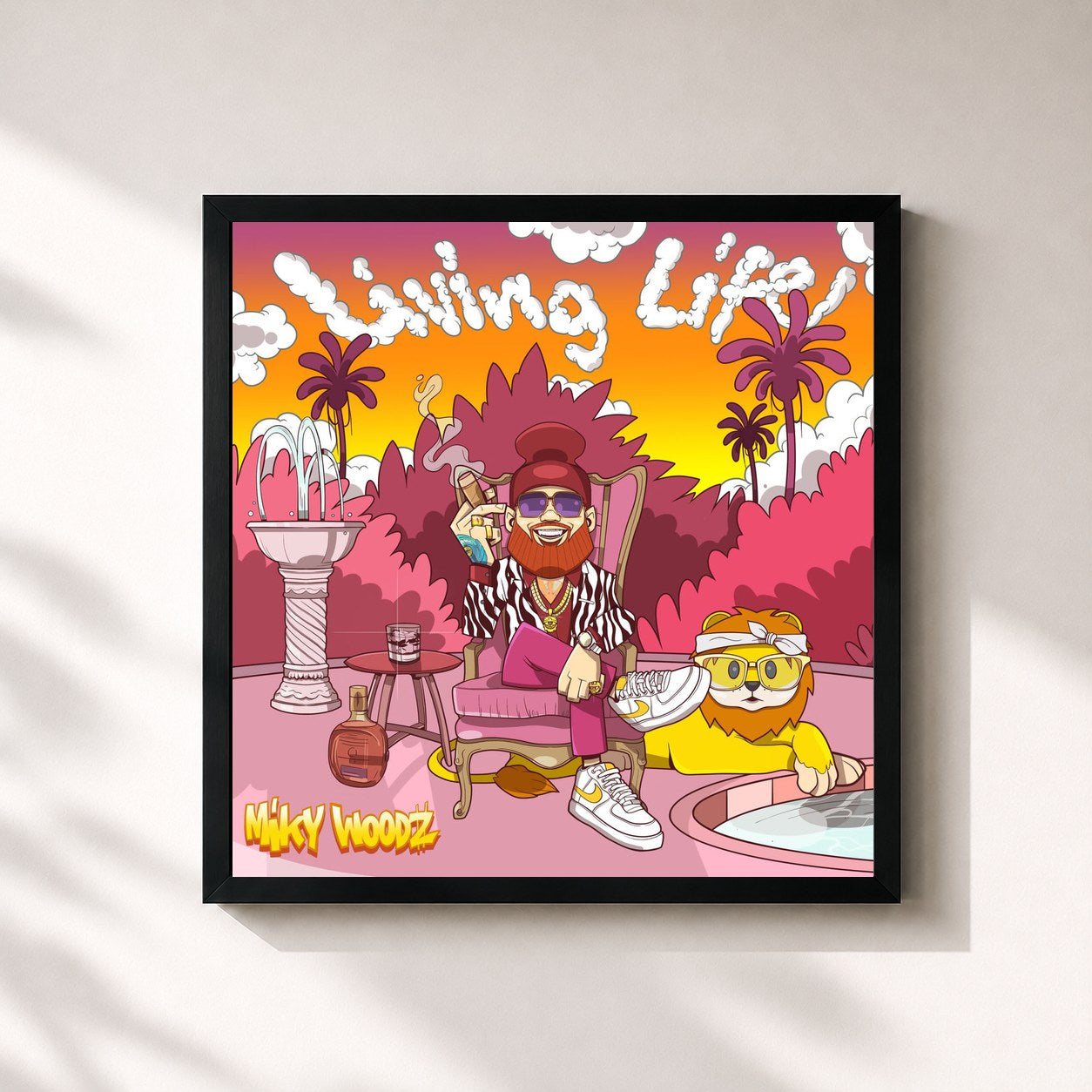 #noir Tableau carré de l'album Living Life de Miky Woodz, cadre noir 32x32 cm