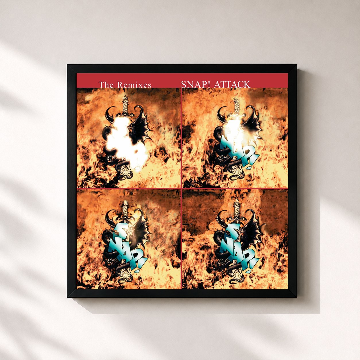 #noir Tableau carré de l'album Attack - The Remixes, Vol. 1 de Snap!, cadre noir 32x32 cm
