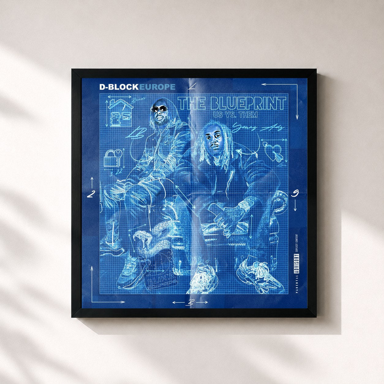 #noir Tableau carré de l'album The Blue Print – Us Vs. Them de D-Block Europe, cadre noir 32x32 cm