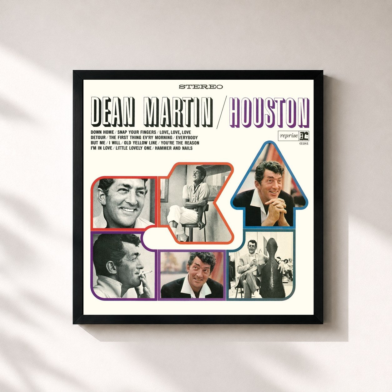 #noir Tableau carré de l'album Houston de Dean Martin, cadre noir 32x32 cm