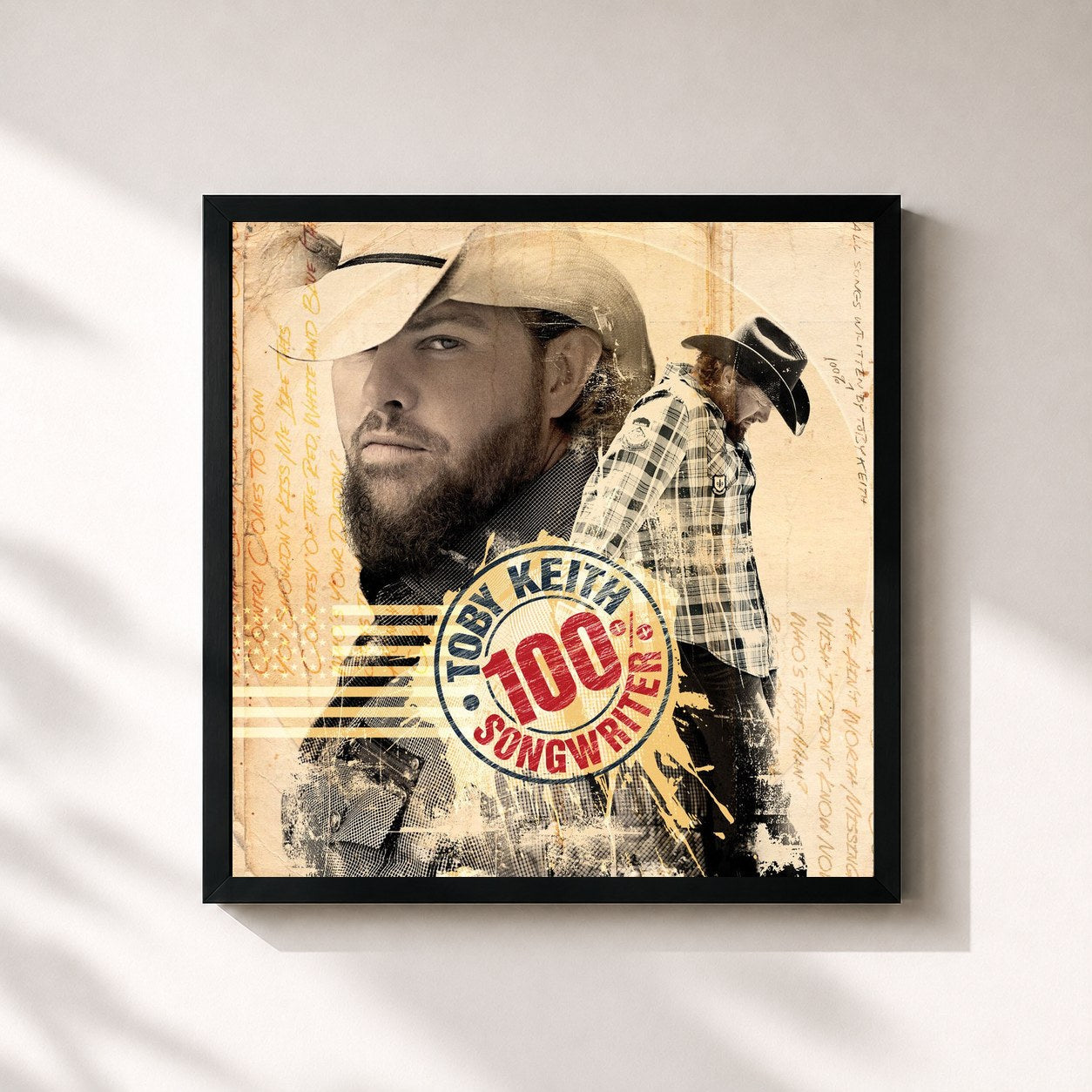 #noir Tableau carré de l'album 100% Songwriter de Toby Keith, cadre noir 32x32 cm