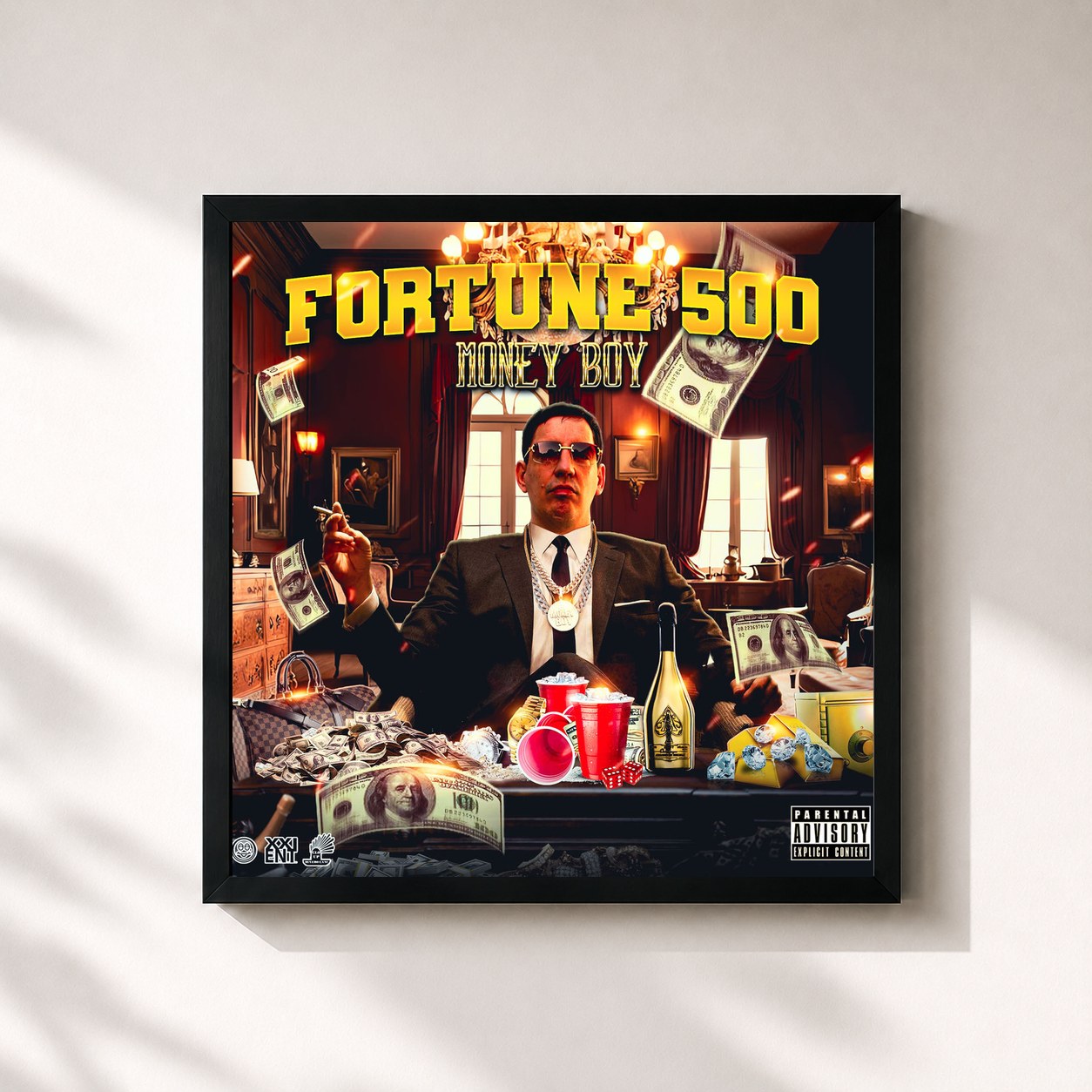 #noir Tableau carré de l'album Fortune 500 de Money Boy, cadre noir 32x32 cm