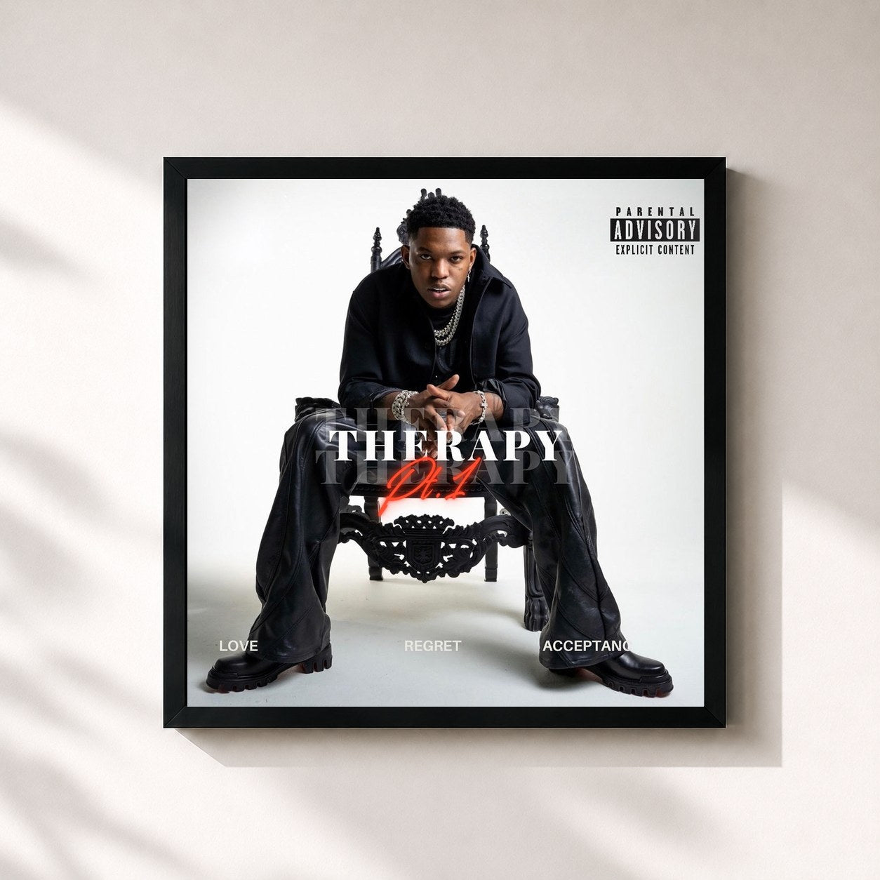 #noir Tableau carré de l'album THERAPY de Yung Bleu, cadre noir 32x32 cm