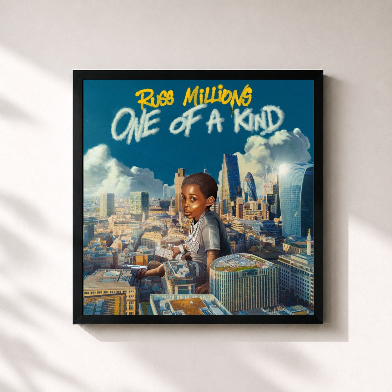 #noir Tableau carré de l'album One Of A Kind de Russ Millions, cadre noir 32x32 cm