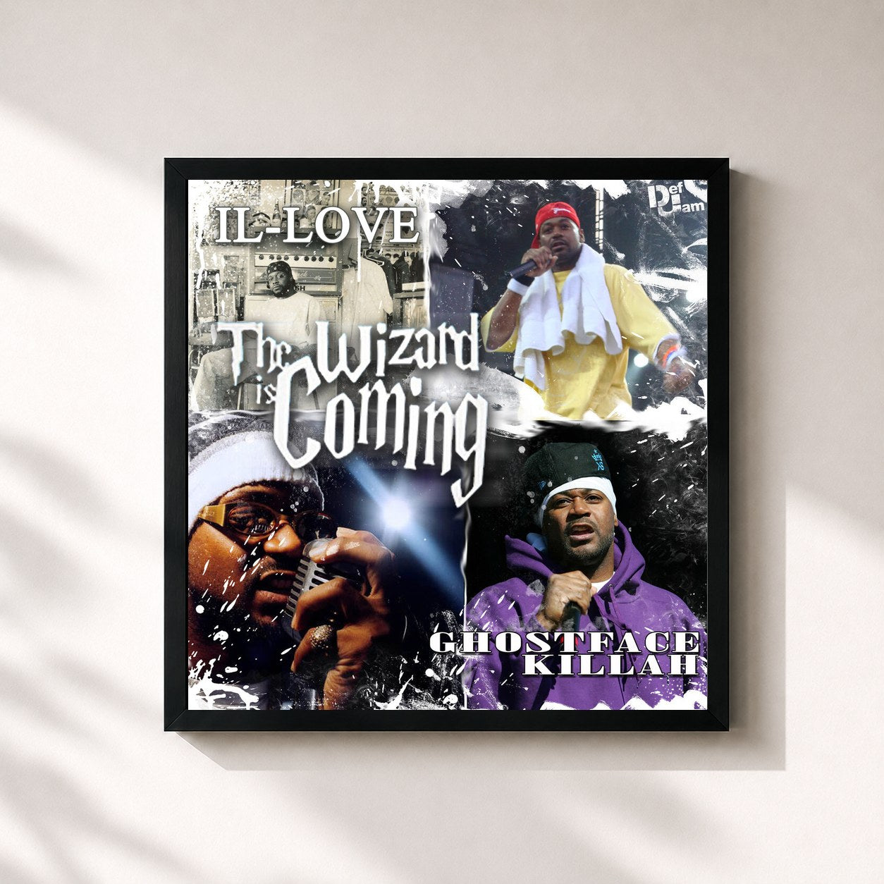 #noir Tableau carré de l'album The Wizar Is Coming de Ghostface Killah, cadre noir 32x32 cm