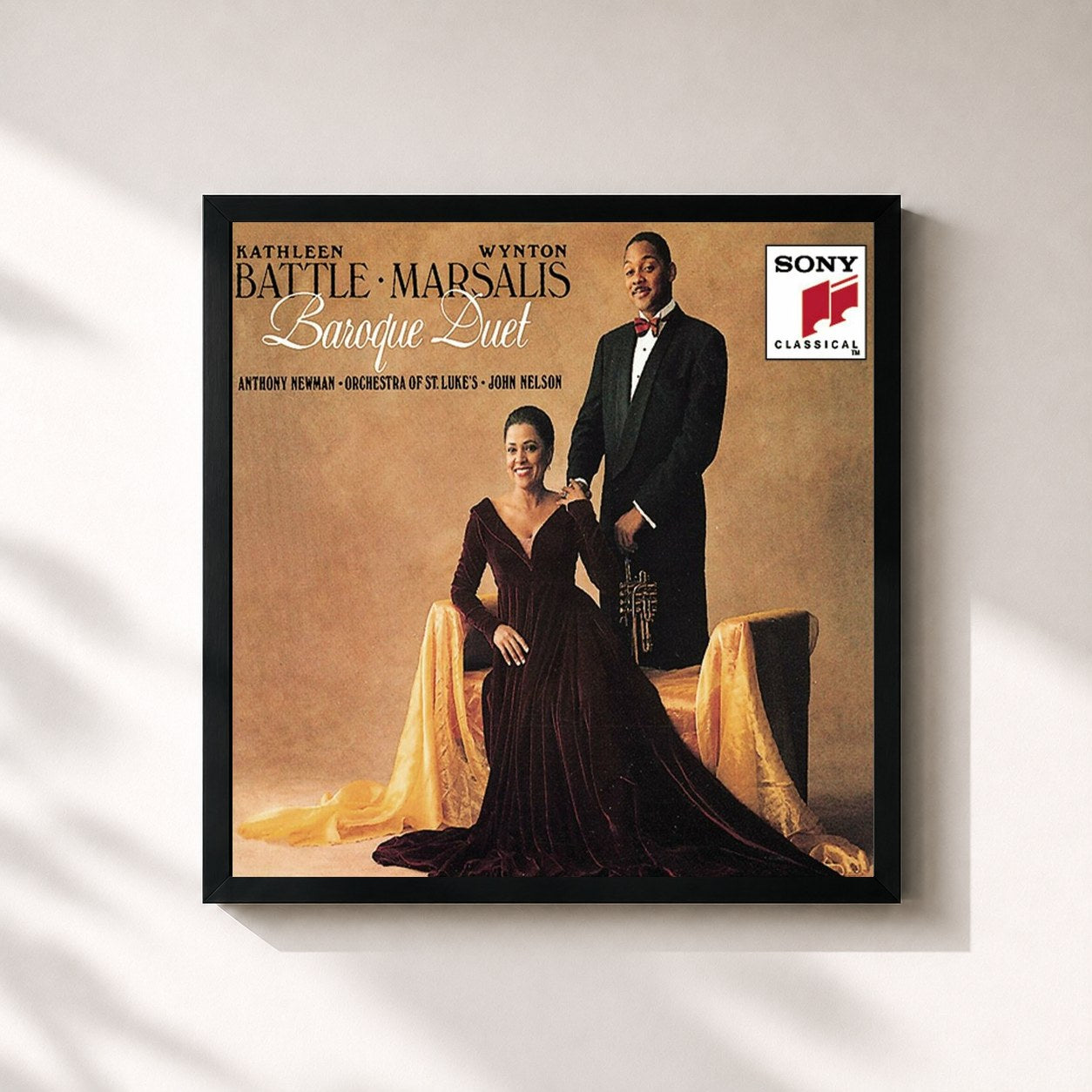 #noir Tableau carré de l'album Baroque Duet de Wynton Marsalis, cadre noir 32x32 cm