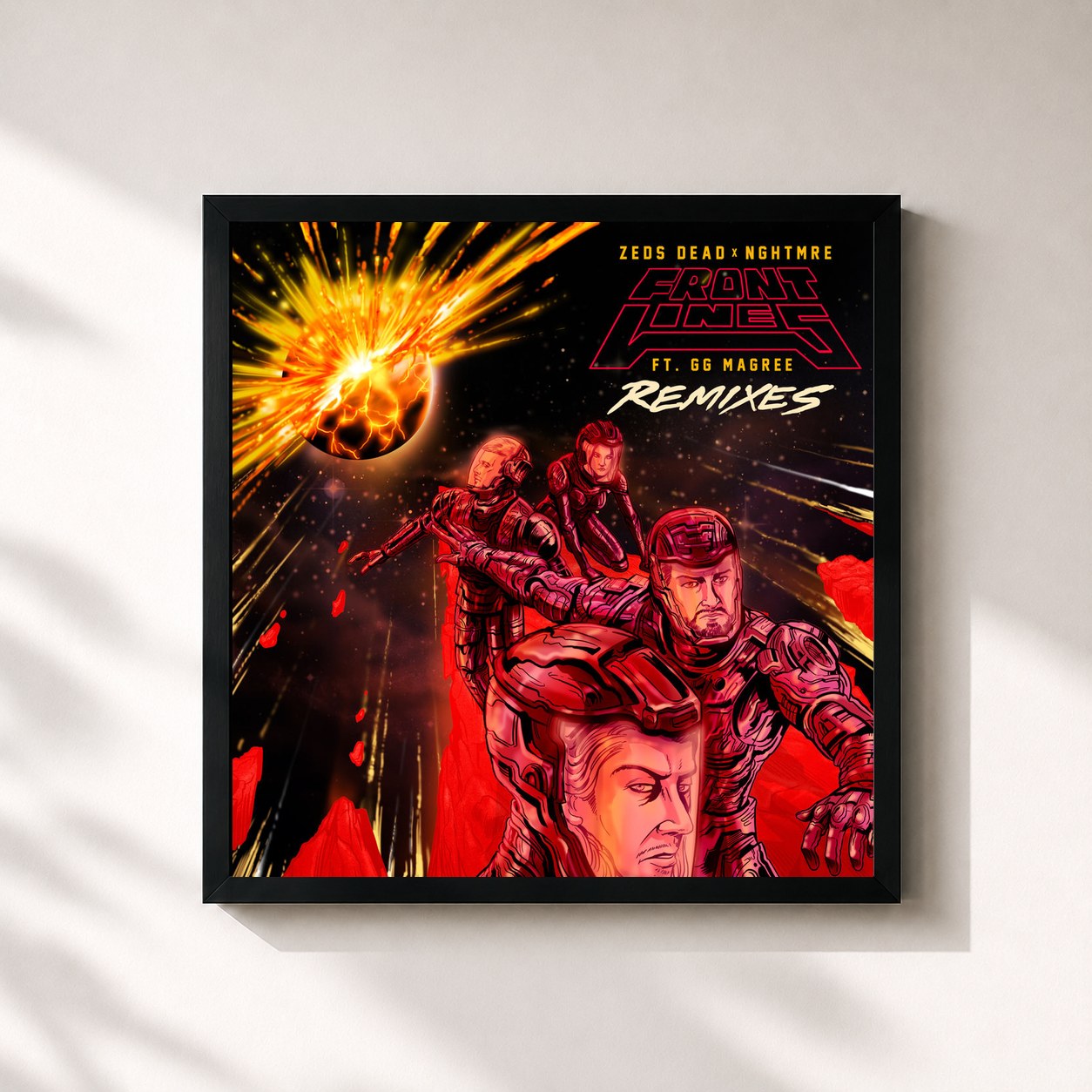 #noir Tableau carré de l'album Frontlines (Remixes) de Zeds dead, cadre noir 32x32 cm