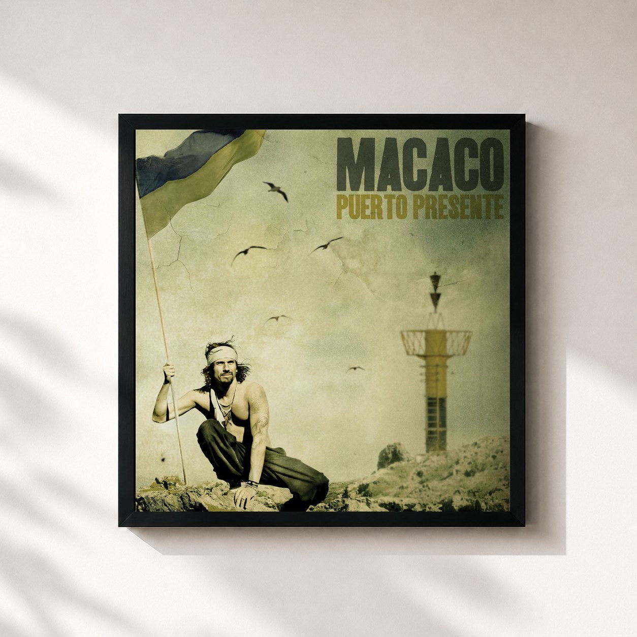 #noir Tableau carré de l'album Puerto Presente de Macaco, cadre noir 32x32 cm