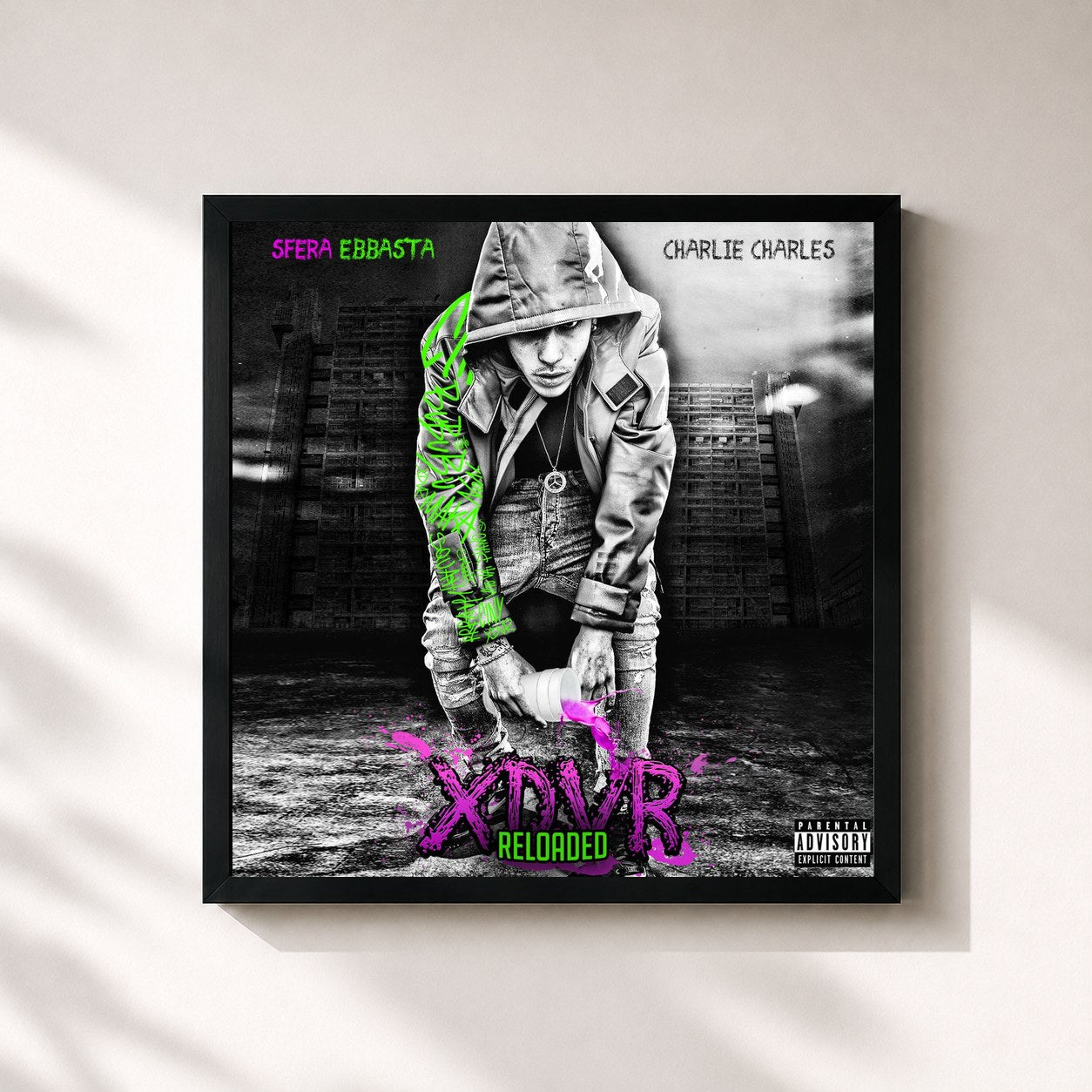 #noir Tableau carré de l'album XDVR Reloaded de Sfera Ebbasta, cadre noir 32x32 cm