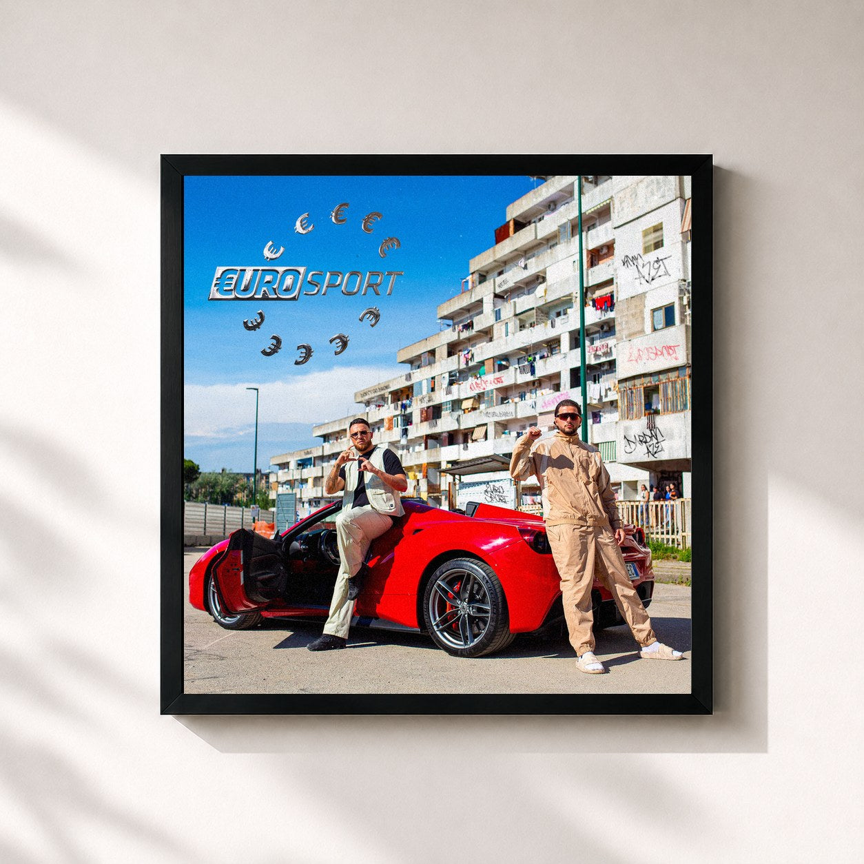 #noir Tableau carré de l'album EUROSPORT de Dardan, cadre noir 32x32 cm