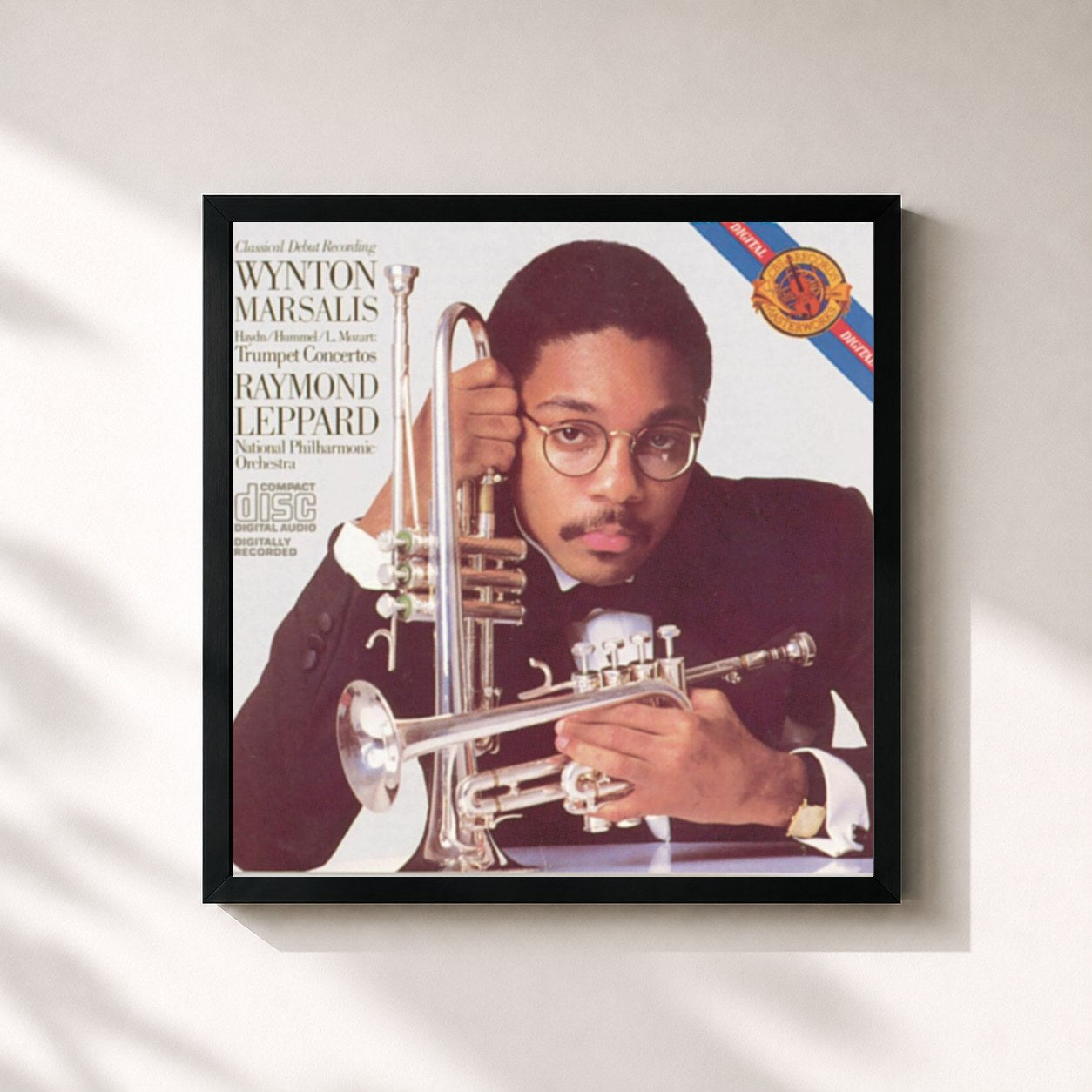 #noir Tableau carré de l'album Concerto for Trumpet and Orchestra de Wynton Marsalis, cadre noir 32x32 cm