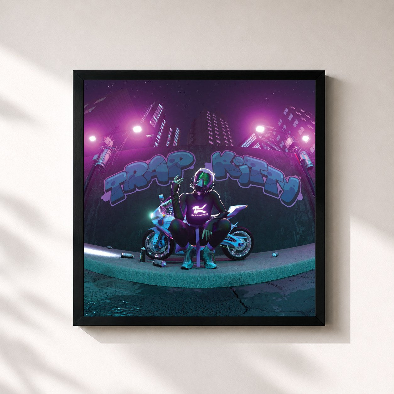 #noir Tableau carré de l'album TRAP KITTY de Young Miko, cadre noir 32x32 cm