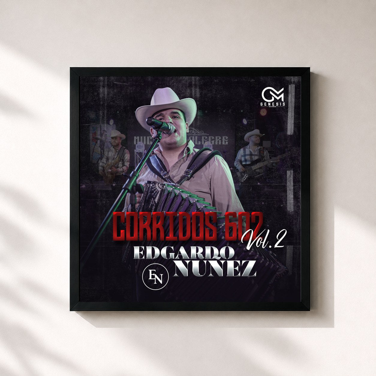 #noir Tableau carré de l'album Corridos 602 Vol.2 de Edgardo Nunez, cadre noir 32x32 cm