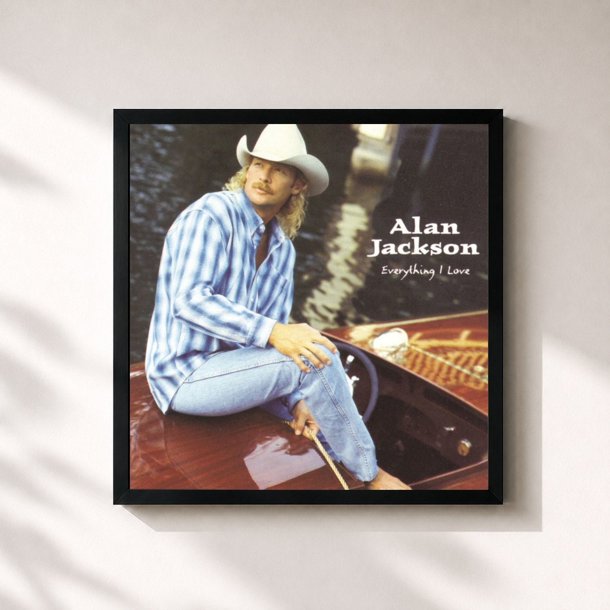 #noir Tableau carré de l'album Everything I Love de Alan Jackson, cadre noir 32x32 cm