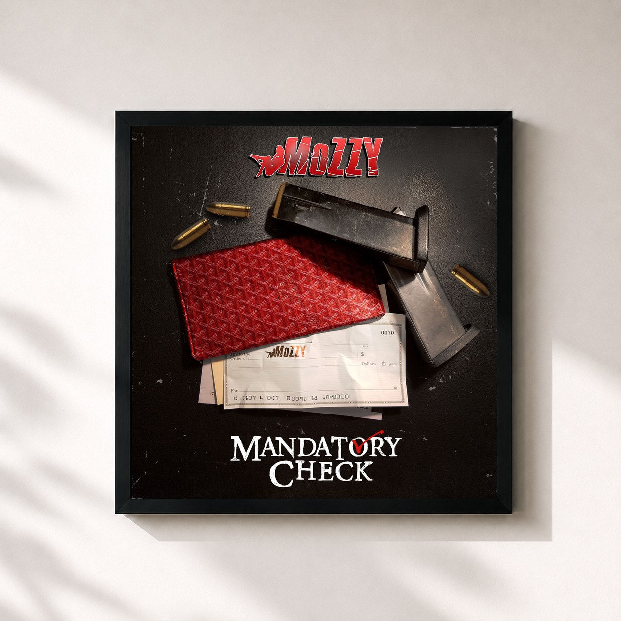 #noir Tableau carré de l'album Mandatory Check de Mozzy, cadre noir 32x32 cm