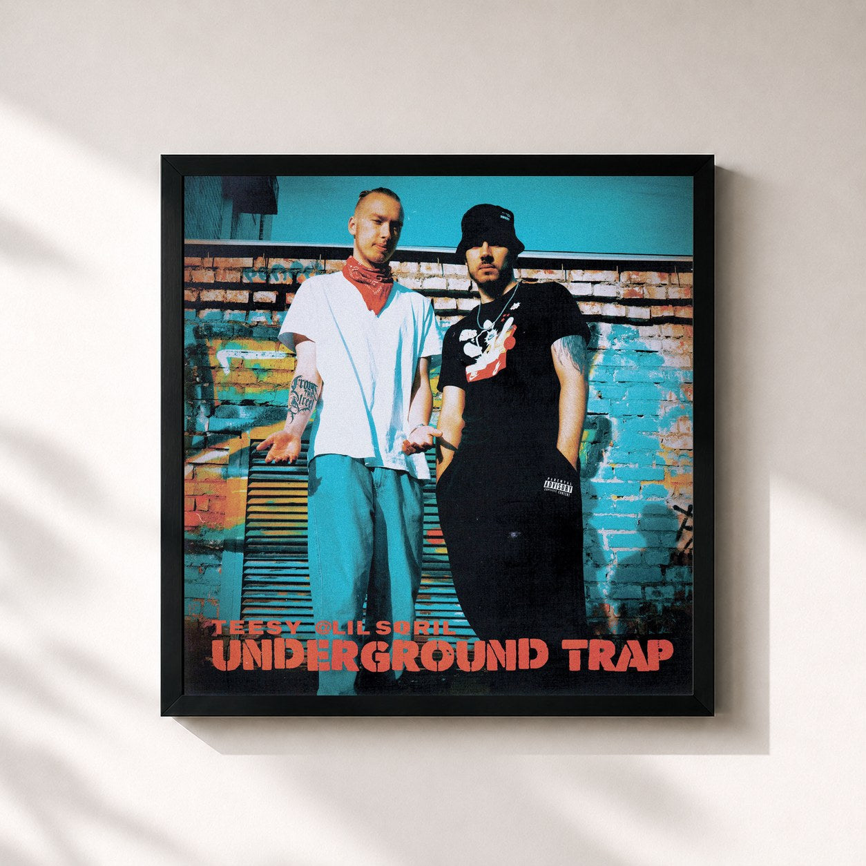 #noir Tableau carré de l'album Underground Trap de Teesy, cadre noir 32x32 cm