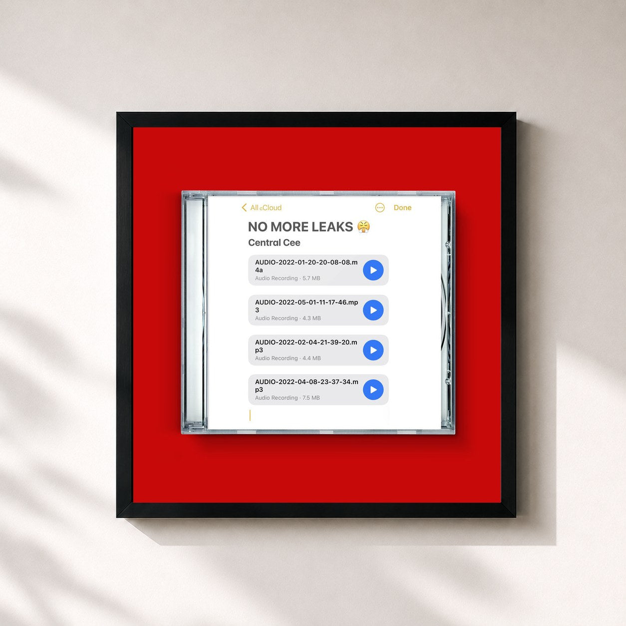 #noir Tableau carré de l'album No More Leaks de Central Cee, cadre noir 32x32 cm