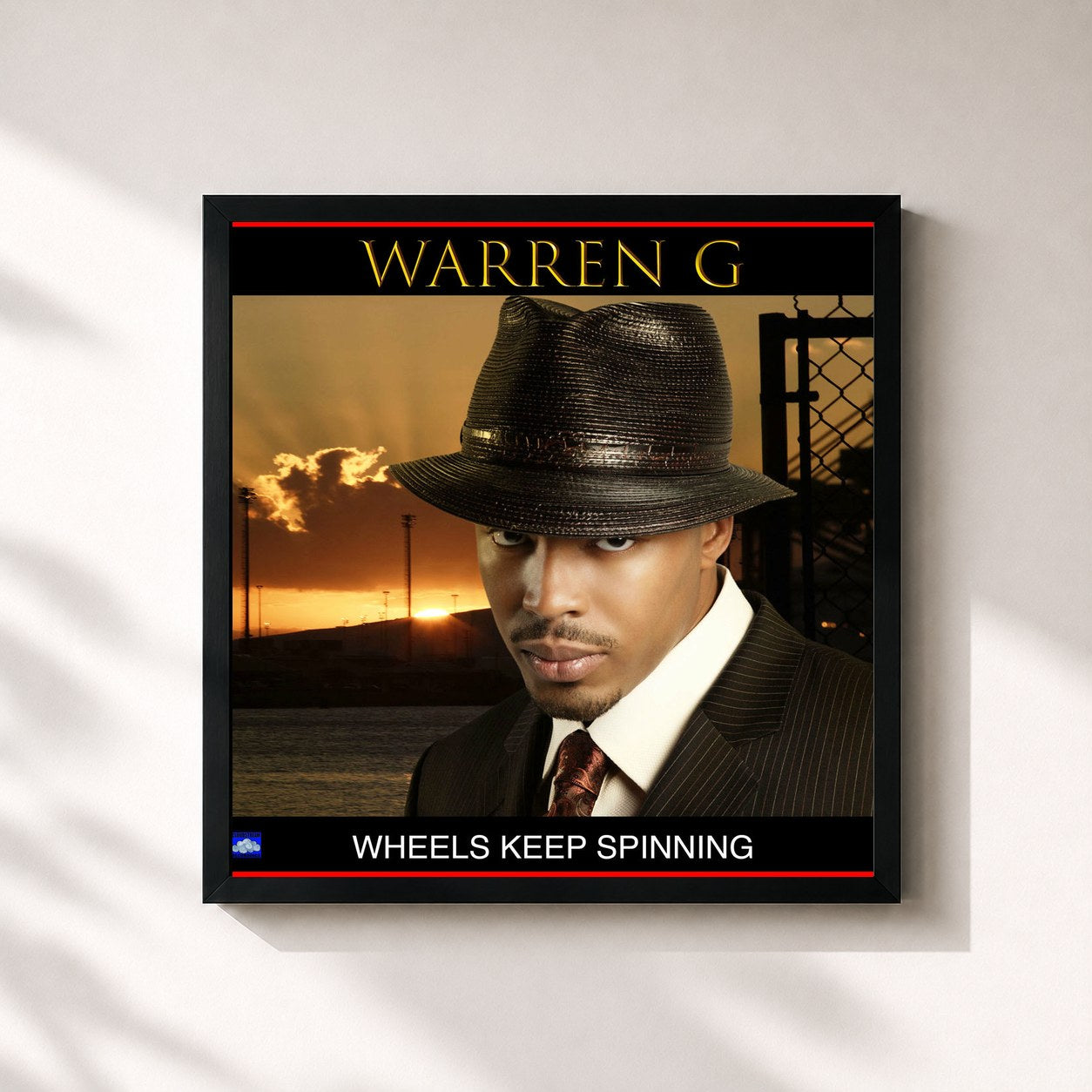 #noir Tableau carré de l'album Wheels Keep Spinning de Warren G, cadre noir 32x32 cm
