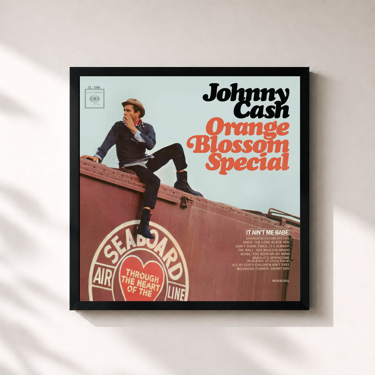 #noir Tableau carré de l'album Orange Blossom Special de Johnny Cash, cadre noir 32x32 cm