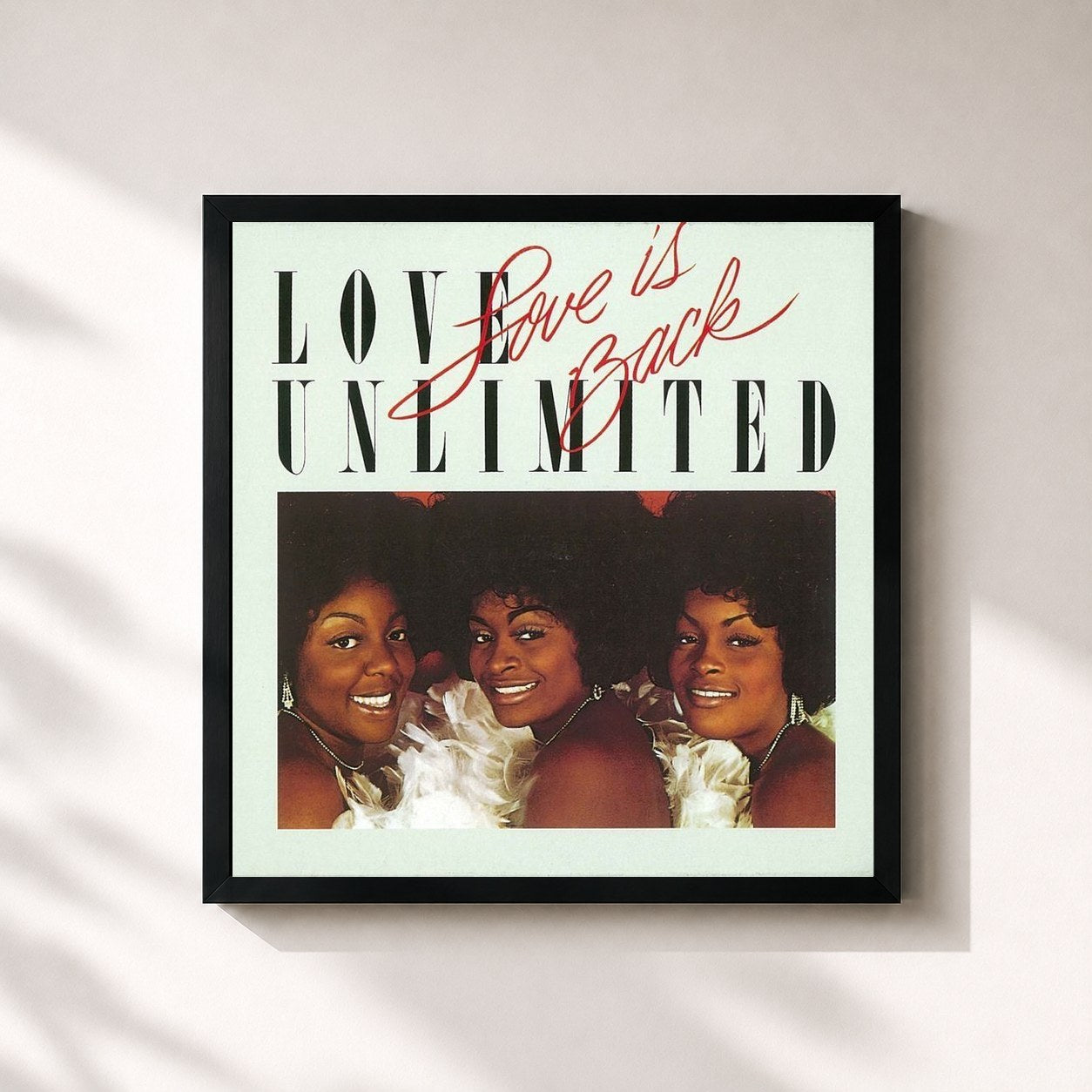 #noir Tableau carré de l'album Love is Back de Love Unlimited, cadre noir 32x32 cm