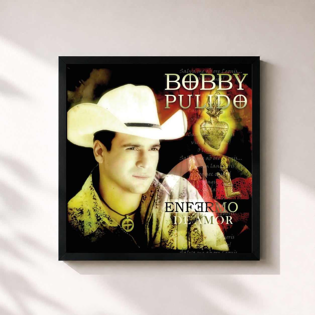 #noir Tableau carré de l'album Enfermo De Amor de Bobby Pulido, cadre noir 32x32 cm
