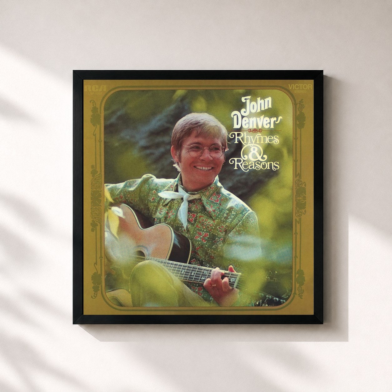 #noir Tableau carré de l'album Rhymes & Reasons de John Denver, cadre noir 32x32 cm