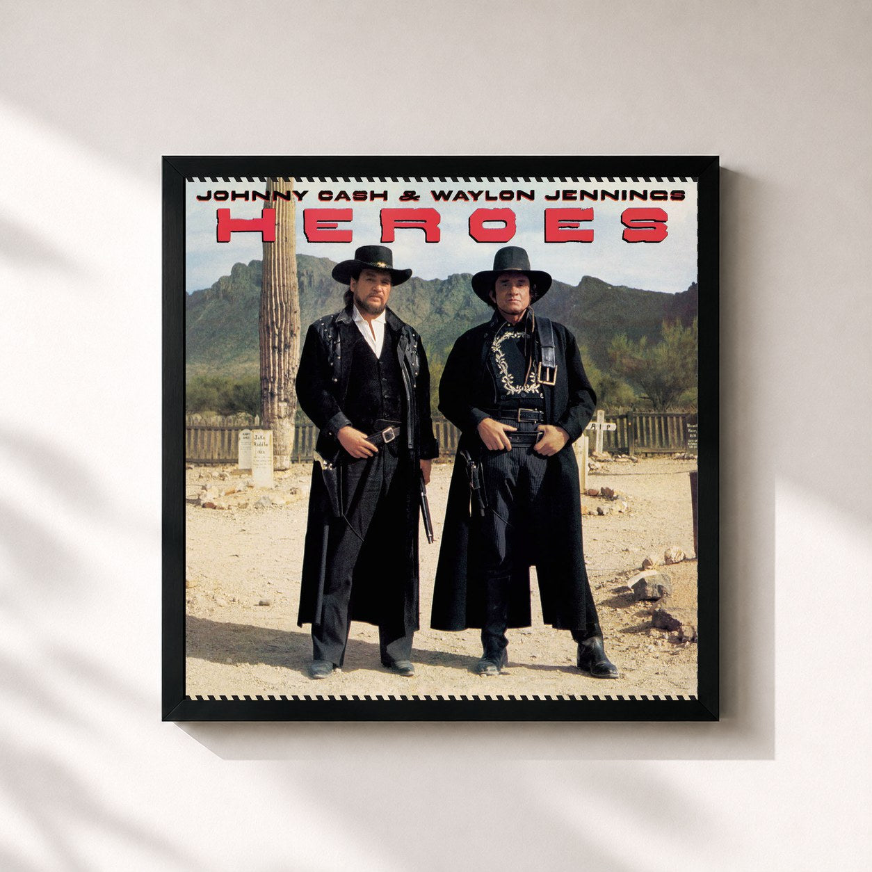 #noir Tableau carré de l'album Heroes de Johnny Cash, cadre noir 32x32 cm