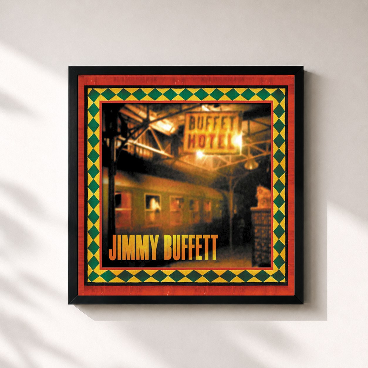 #noir Tableau carré de l'album Buffet Hotel de Jimmy Buffett, cadre noir 32x32 cm