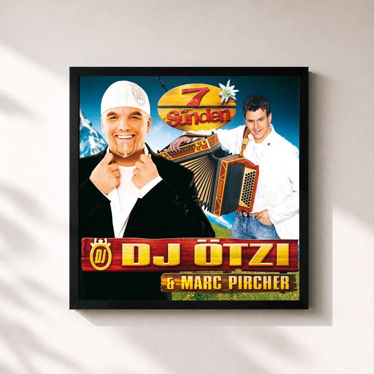 #noir Tableau carré de l'album 7 Sünden (2008 Platin Version) de DJ Ötzi, cadre noir 32x32 cm