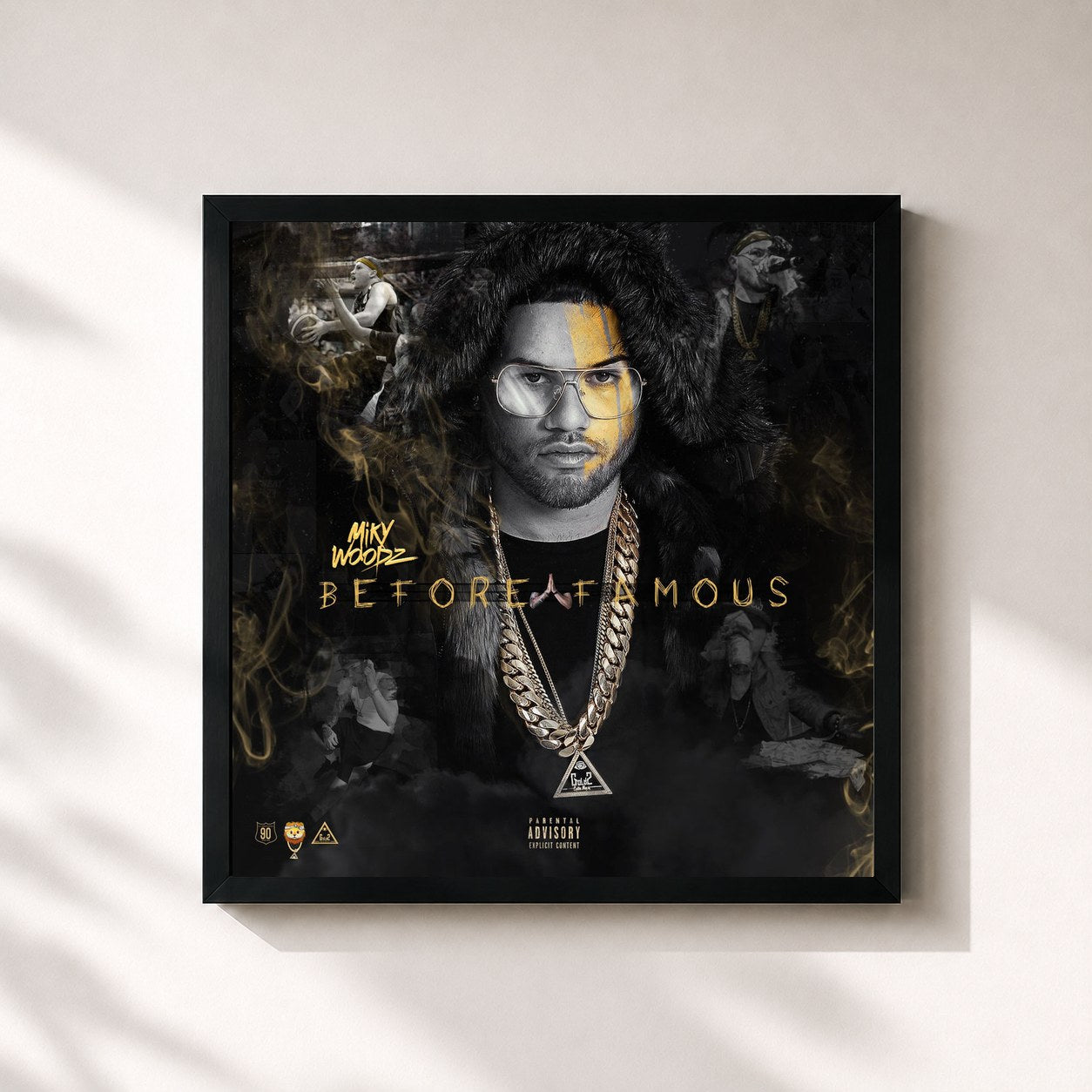 #noir Tableau carré de l'album Before Famous de Miky Woodz, cadre noir 32x32 cm