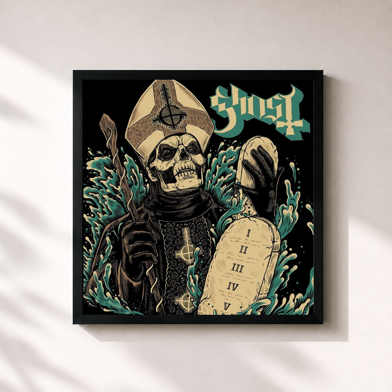#noir Tableau carré de l'album 13 Commandments de Ghost, cadre noir 32x32 cm