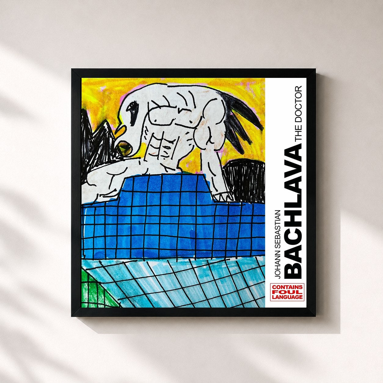 #noir Tableau carré de l'album JOHANN SEBASTIAN BACHLAVA THE DOCTOR de Action Bronson, cadre noir 32x32 cm