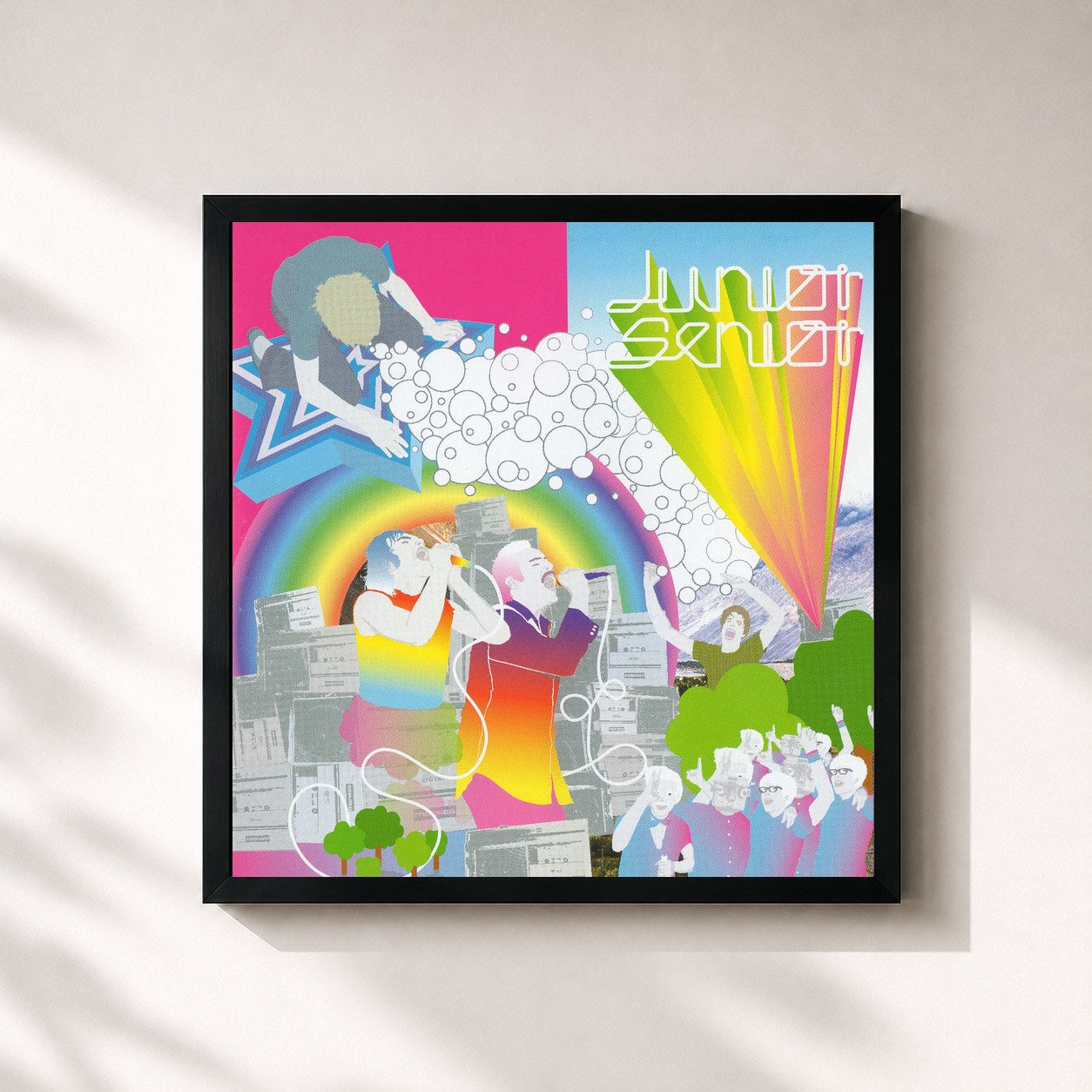 #noir Tableau carré de l'album D-D-Don't Don't Stop The Beat de Junior Senior, cadre noir 32x32 cm