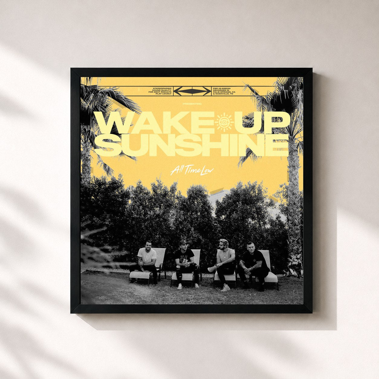 #noir Tableau carré de l'album Wake Up, Sunshine de All Time Low, cadre noir 32x32 cm