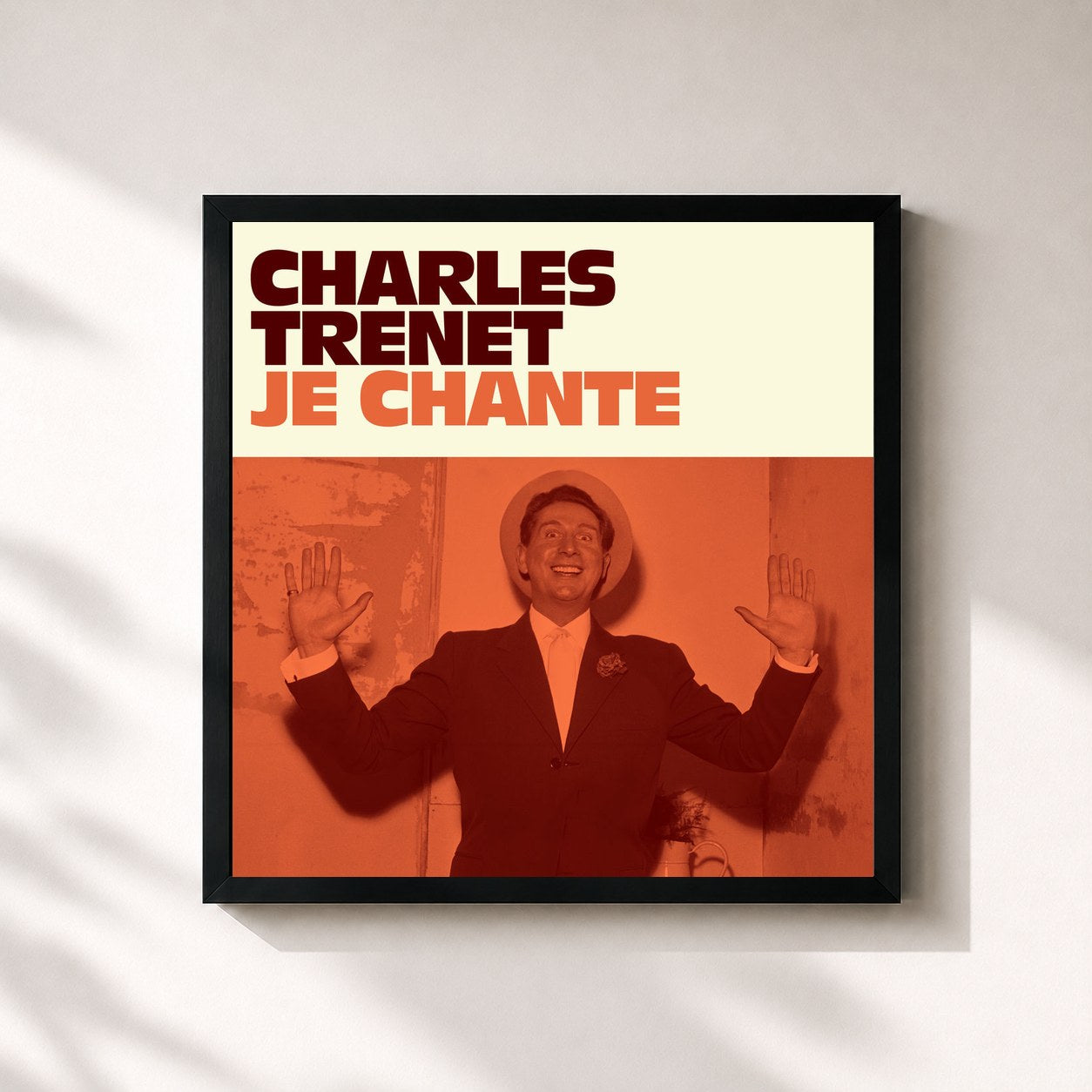 #noir Tableau carré de l'album Je chante de Charles Trenet, cadre noir 32x32 cm