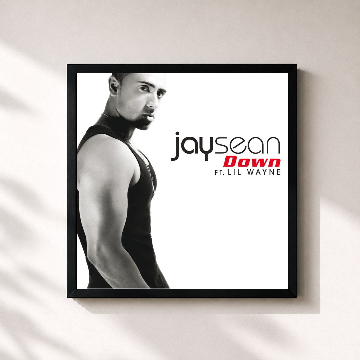 #noir Tableau carré de l'album Down de Jay Sean, cadre noir 32x32 cm