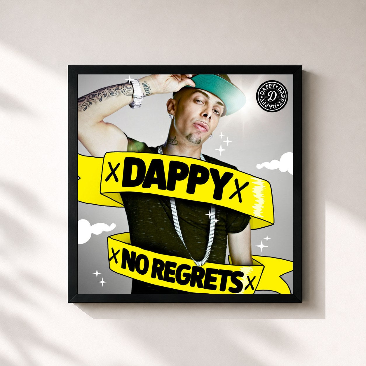 #noir Tableau carré de l'album No Regrets de Dappy, cadre noir 32x32 cm