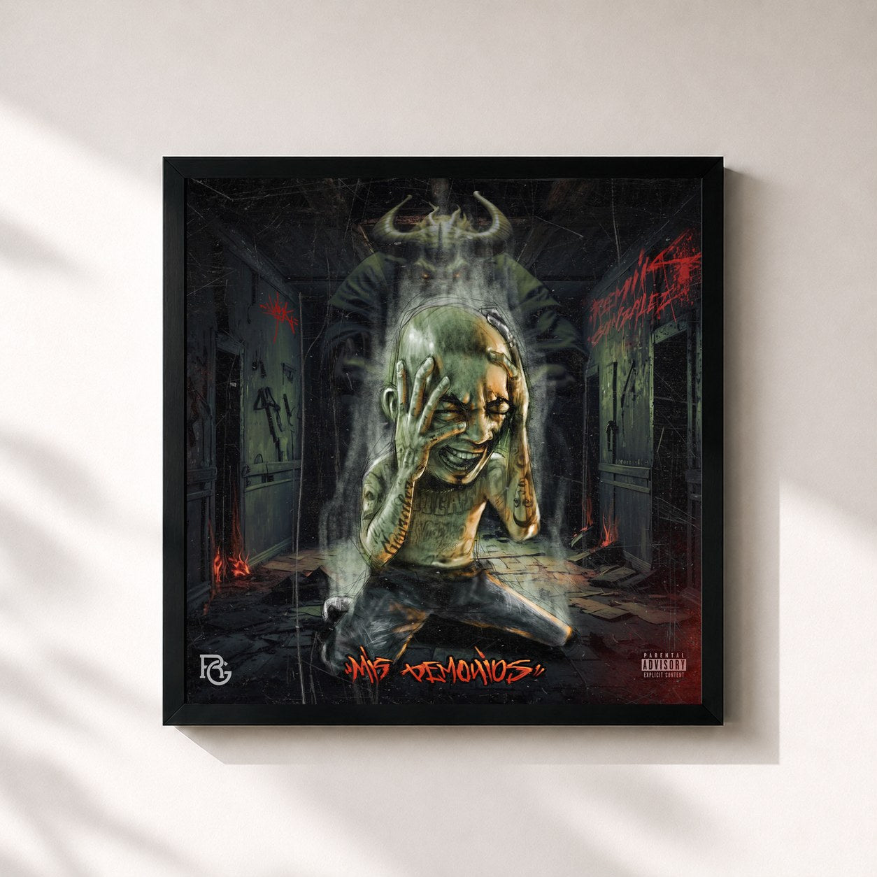 #noir Tableau carré de l'album Mis Demonios de REMIK GONZALEZ, cadre noir 32x32 cm