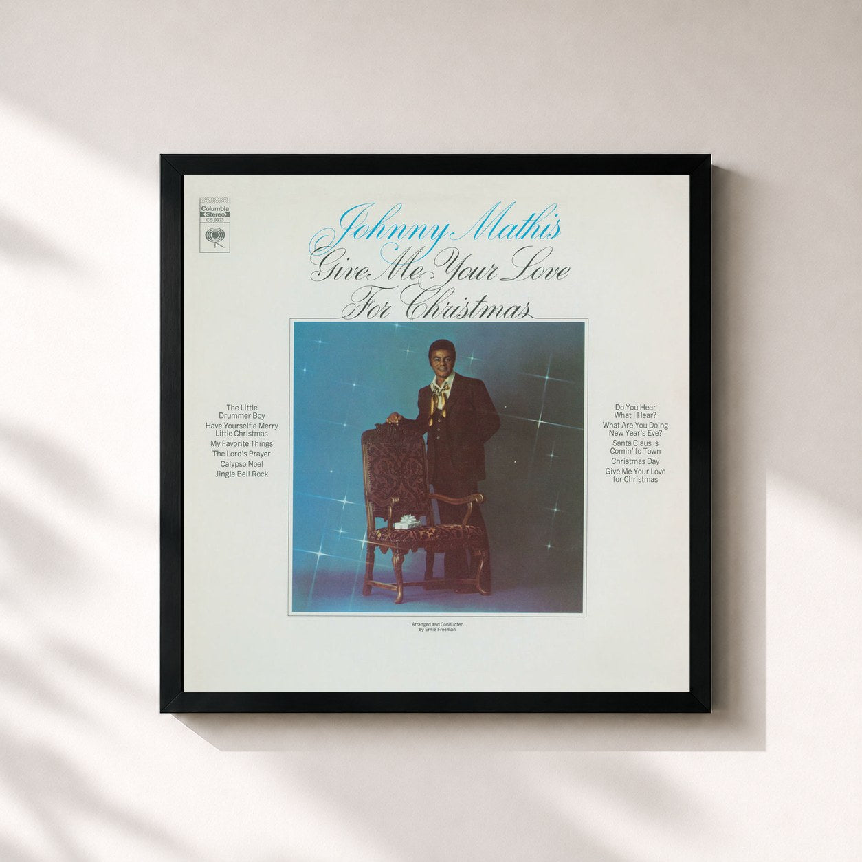 #noir Tableau carré de l'album Give Me Your Love For Christmas de Johnny Mathis, cadre noir 32x32 cm