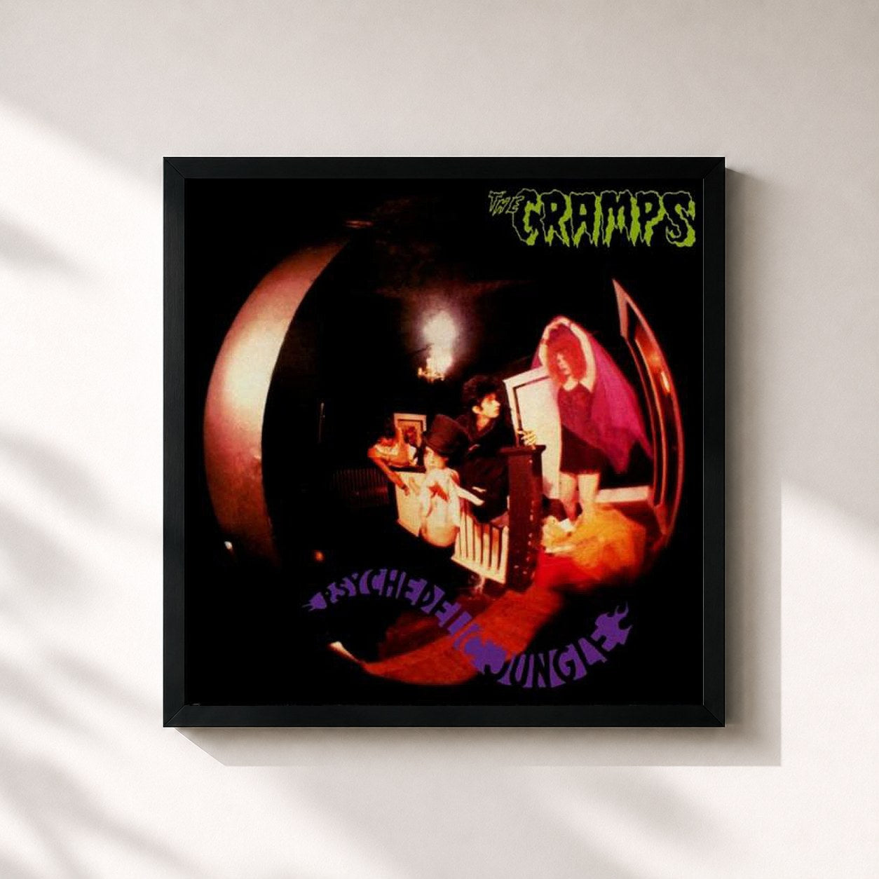 #noir Tableau carré de l'album Psychedelic Jungle de The Cramps, cadre noir 32x32 cm