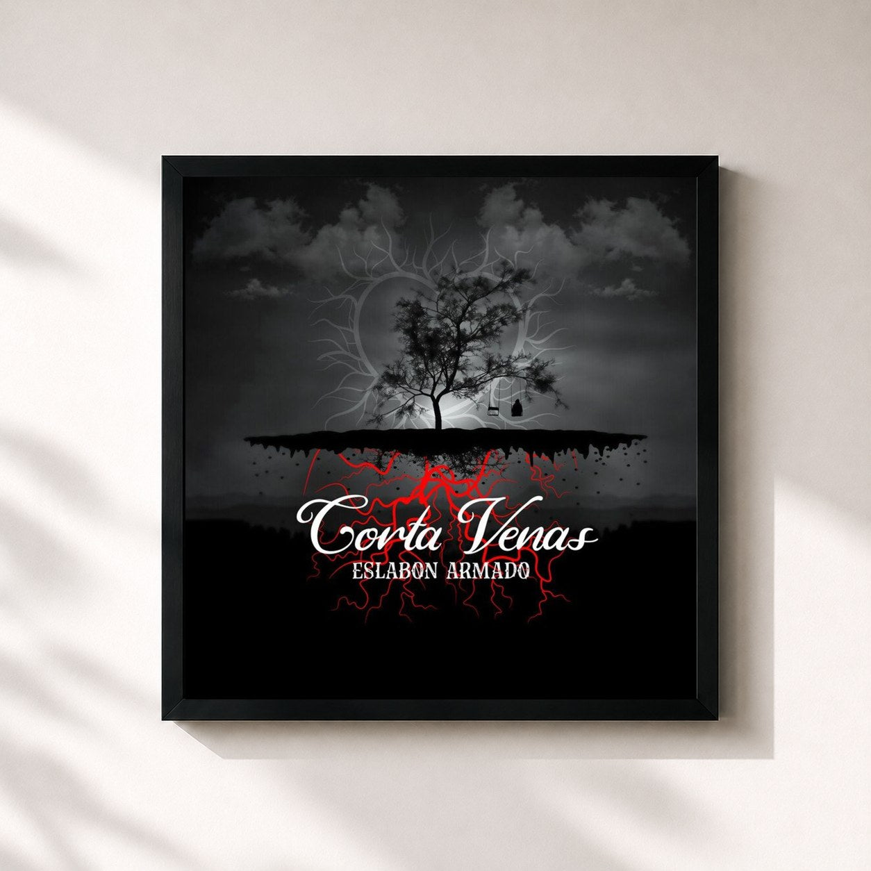 #noir Tableau carré de l'album Corta Venas de Eslabon Armado, cadre noir 32x32 cm