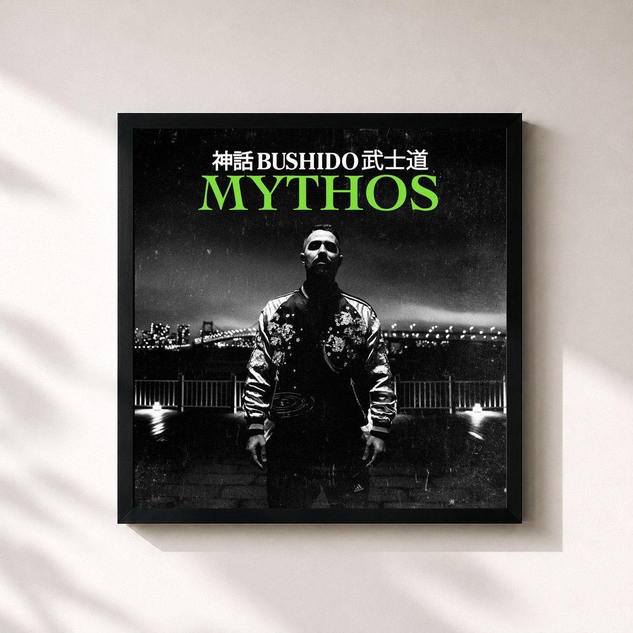 #noir Tableau carré de l'album Mythos de Bushido, cadre noir 32x32 cm